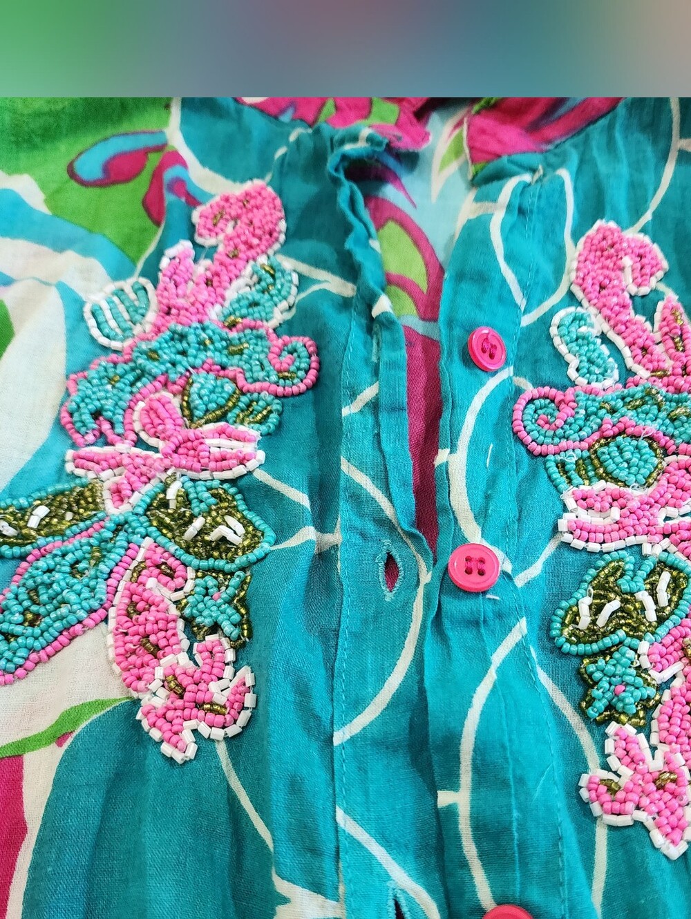 Women's Teal Floral Shirt Dress Wyth stunning beaded floral embellishments - Picture 2 of 7